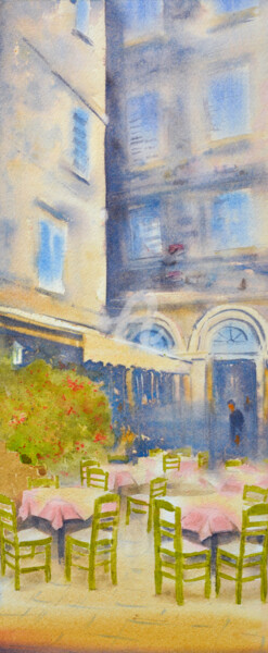 Small restaurant with green chairs Corfu Greece 23x54cm 2023 Painting titled "Small restaurant wi…" by Nenad Kojić, Original Artwork, Watercolor