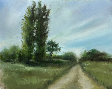 Summer landscape road to home Painting titled "Summer landscape ro…" by Tamar Chkhaidze, Original Artwork, Oil Mounted on Wood Stretcher frame