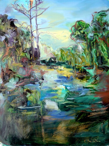 Painting titled "LES EAUX-DELÀ" by Catherine Duchêne, Original Artwork, Oil