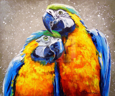 绘画 标题为“Parrot lovers” 由Olha, 原创艺术品, 油 安装在木质担架架上