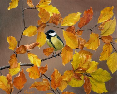 Peinture intitulée "Mésange charbonnière" par Charlène Chagnard, Œuvre d'art originale, Huile Monté sur Carton