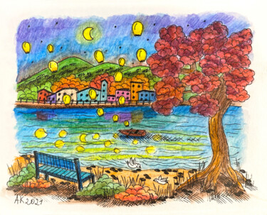 Autumn Night 1 Malerei mit dem Titel "Autumn Night 1" von Anastasia Kurganova, Original-Kunstwerk, Aquarell