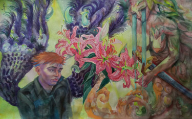 Painting titled "Boy Observes Nature" by Velta Emīlija Platupe, Original Artwork, Watercolor