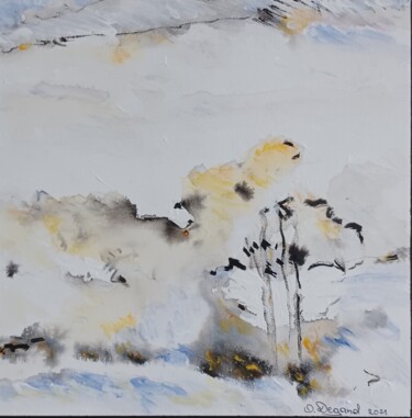 「Entre Ciel et Terre…」というタイトルの絵画 Odile Degandによって, オリジナルのアートワーク, インク ウッドストレッチャーフレームにマウント