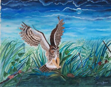 chasse de nuit - chouette hulotte -aquarelle originale 绘画 标题为“chasse de nuit - ch…” 由Patricia Giroldini Hyvernat, 原创艺术品, 水彩