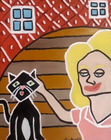 Peinture intitulée "Cat lady" par Justin Myers, Œuvre d'art originale, Huile