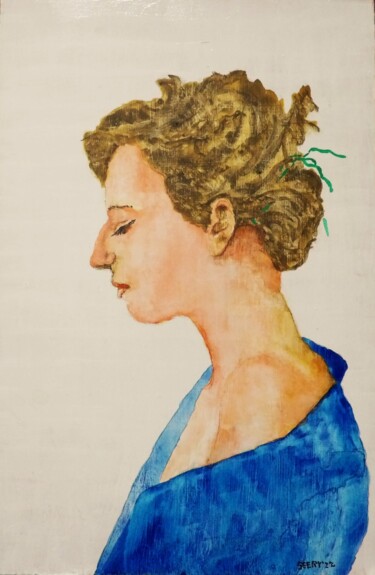 「Green ribbon」というタイトルの絵画 Timothy Seeryによって, オリジナルのアートワーク, 水彩画 ウッドパネルにマウント