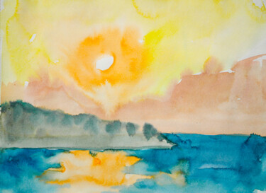 End of the day - sunset sea shore, teal ocean, sun, evening Painting titled "End of the day - su…" by Dina Aseeva, Original Artwork, Watercolor