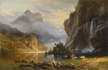 Pêche à la lance des Indiens Peinture intitulée "Pêche à la lance de…" par Albert Bierstadt, Œuvre d'art originale, Huile
