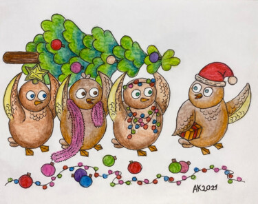 Bird's Xmas Painting titled "Bird's Xmas" by Anastasia Kurganova, Original Artwork, Watercolor