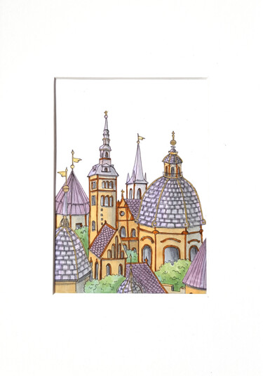 Fairy town, Medieval town and cathedral, Set of 3, Castle Drawing titled "Fairy town, Medieva…" by Ekaterina Andreeva, Original Artwork, Marker
