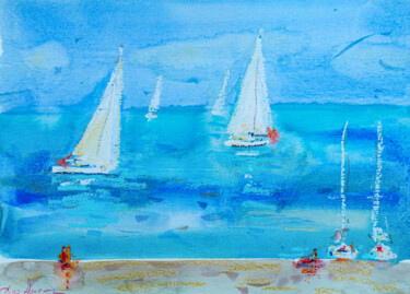 A day near the sea - pastel color seascape, beach, sailboats 제목이 "A day near the sea…"인 미술작품 Dina Aseeva로, 원작, 수채화
