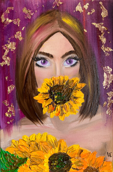 Gentle Silence small pallete knife oil painting sunflower Картина под названием "Gentle Silence smal…" - Elena Polak, Подлинное произведение искусства, Масло Установлен на Деревянная…