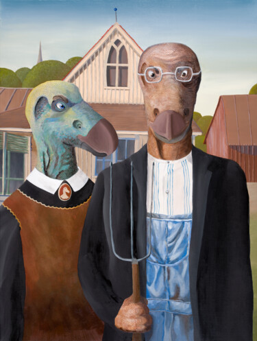 Painting titled "Iguanodon Gothic" by Olga Petrova, Original Artwork, Oil Mounted on Wood Stretcher frame