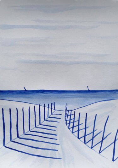 Painting titled "Ganivelles bleues o…" by Frédéric Cadiou, Original Artwork, Ink