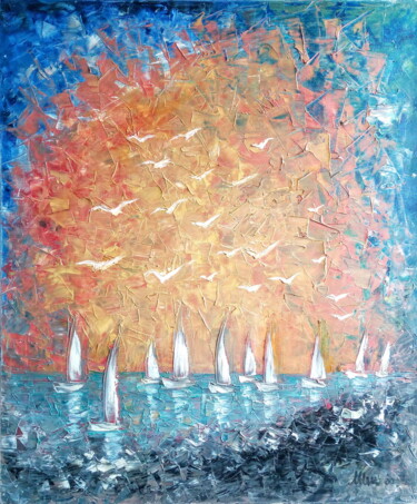Painting titled "OPTIMISTS AU SOLEIL…" by Cardoso Manu, Original Artwork, Oil Mounted on Wood Stretcher frame