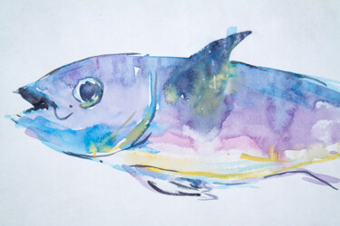 Tuna fish - underwater inhabitants, meal, ocean world, sea Pittura intitolato "Tuna fish - underwa…" da Dina Aseeva, Opera d'arte originale, Acquarello