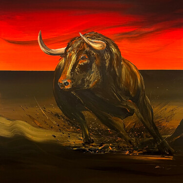 Schilderij getiteld "Golden bull" door Peter Majkut, Origineel Kunstwerk, Acryl