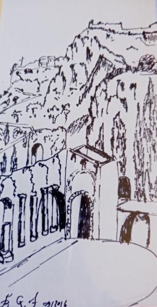 Peinture intitulée "Taormine en Sicile" par Genevieve Fraysse, Œuvre d'art originale, Encre