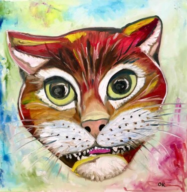 绘画 标题为“Cheshire Cat, felin…” 由Olga Koval, 原创艺术品, 油 安装在木质担架架上