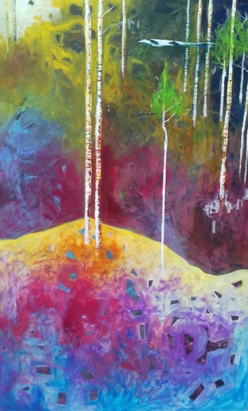 Painting titled "Forêt et carpe" by Lorenz, Original Artwork, Oil Mounted on Wood Stretcher frame