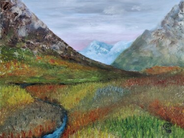 Painting titled "Grasslands of Arran" by Luna Smith, Original Artwork, Oil Mounted on Wood Stretcher frame