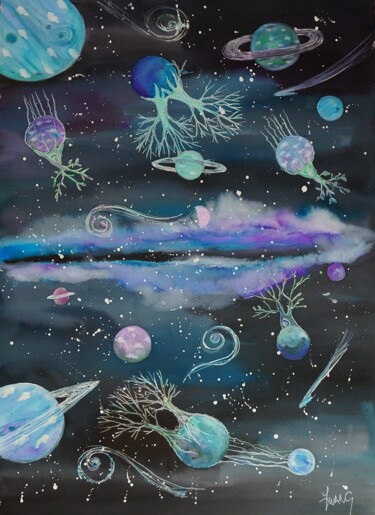 Peinture intitulée "UNIVERS EN BLEU" par Isabelle Zwang, Œuvre d'art originale, Aquarelle