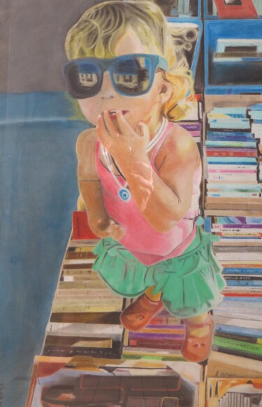 Zeichnungen mit dem Titel "books girl" von Kash, Original-Kunstwerk, Pastell