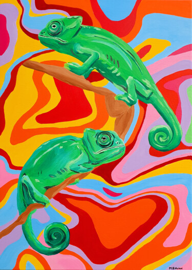 Colorful chameleons Painting titled "Colorful chameleons" by Maria Sabrina Viviani, Original Artwork, Acrylic Mounted on Wood Stretcher frame