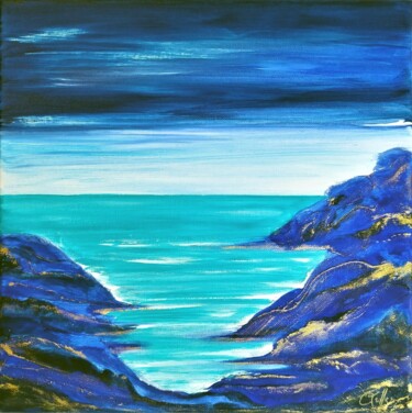 Schilderij getiteld "Mer turquoise" door Caroline Keller, Origineel Kunstwerk, Olie Gemonteerd op Frame voor houten brancard
