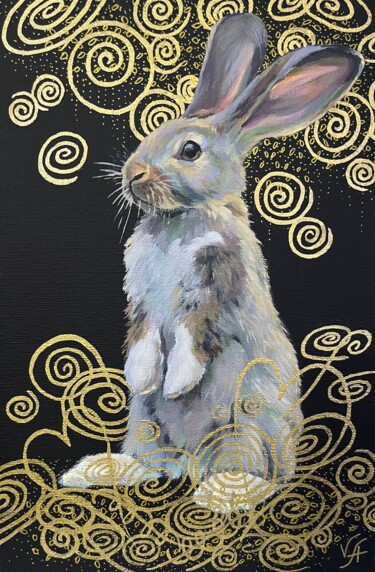 STANDING RABBIT - small painting, original gift, home decor 绘画 标题为“STANDING RABBIT - s…” 由Alona Vakhmistrova, 原创艺术品, 丙烯 安装在木质担架架上