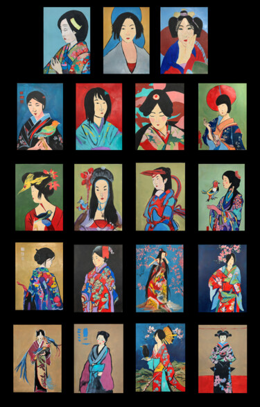 Japanese women collection.Price is For ONE painting! Malerei mit dem Titel "Japanese women coll…" von Vita Schagen, Original-Kunstwerk, Acryl