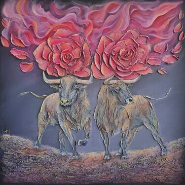 The bulls Peinture intitulée "The bulls" par Anna Shuvaeva, Œuvre d'art originale, Acrylique Monté sur Châssis en bois