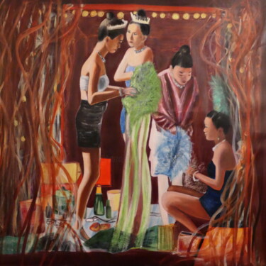 Schilderij getiteld "Jour de fête à Phim…" door Lonicera, Origineel Kunstwerk, Olie Gemonteerd op Frame voor houten brancard