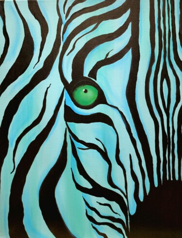 Emerald. Blue zebra, vibrant colours, animal portrait Schilderij getiteld "Emerald. Blue zebra…" door Olya Enina, Origineel Kunstwerk, Acryl Gemonteerd op Frame voor houten branc…