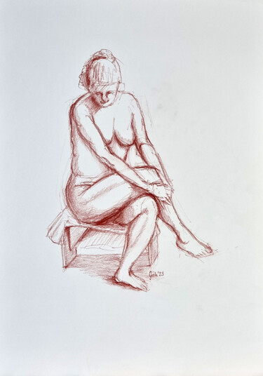 Sitzender Akt auf Hocker Zeichnungen mit dem Titel "Sitzender Akt auf H…" von Arne Groh, Original-Kunstwerk, Pastell