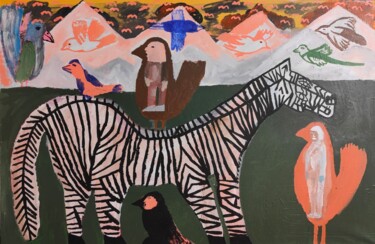 绘画 标题为“le cheval et les oi…” 由Régis Duprat, 原创艺术品, 丙烯 安装在木质担架架上