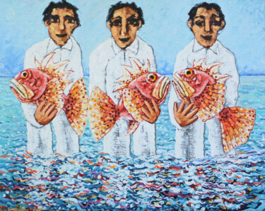 Pescadores y peces rojos. - fishermen and red fish. 제목이 "Pescadores y peces…"인 미술작품 Albert Cruells로, 원작, 기름 나무 들것 프레임에 장착됨