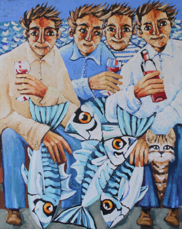 Pescadores, vino y un gato. - Fishermen, wine and a cat. 제목이 "Pescadores, vino y…"인 미술작품 Albert Cruells로, 원작, 기름 나무 들것 프레임에 장착됨