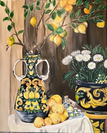 Итальянская керамика и лимоны Painting titled "Итальянская керамик…" by Angelina Masson, Original Artwork, Acrylic Mounted on Wood Panel