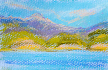 Pastel colors miniature - warm landscape, green hills, grass 제목이 "Pastel colors minia…"인 미술작품 Dina Aseeva로, 원작, 파스텔