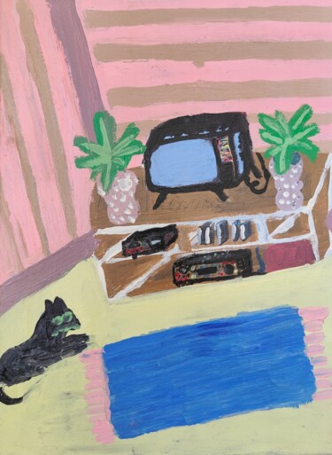 Painting titled "cat and tv" by Régis Duprat, Original Artwork, Acrylic Mounted on Wood Stretcher frame