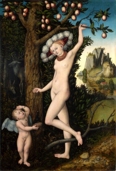 Cupidon se plaignant à Vénus Peinture intitulée "Cupidon se plaignan…" par Lucas Cranach The Elder, Œuvre d'art originale, Huile
