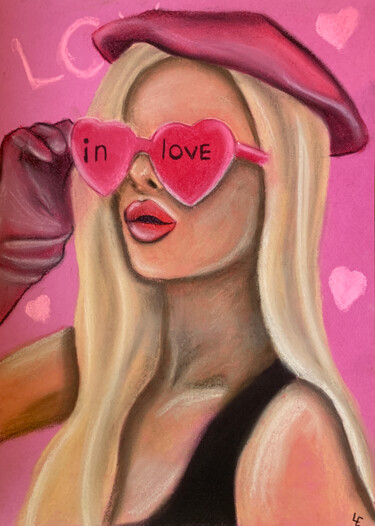In love - blonde girl pink background Valentine's day gift Рисунок под названием "In love - blonde gi…" - Elena Polak, Подлинное произведение искусства, Пастель