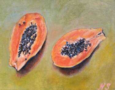 Nature morte de papaye Peinture intitulée "Nature morte de pap…" par Natalia Simonyan, Œuvre d'art originale, Huile Monté sur Châssis en bois