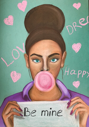 Be mine - drawing girl in love green background Рисунок под названием "Be mine - drawing g…" - Elena Polak, Подлинное произведение искусства, Пастель