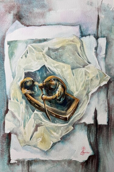 Netsuke of Rabbits in a Boat Signed Ikko Pintura titulada "Netsuke of Rabbits…" por Larissa Rogacheva, Obra de arte original, Acuarela