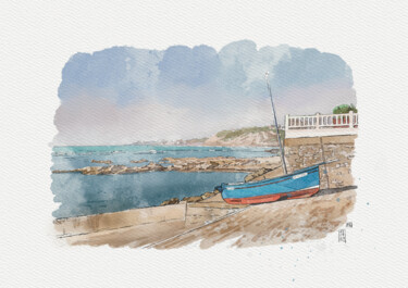 Peinture intitulée "Barque bleue à Guét…" par Rachel Loeffler, Œuvre d'art originale, Aquarelle