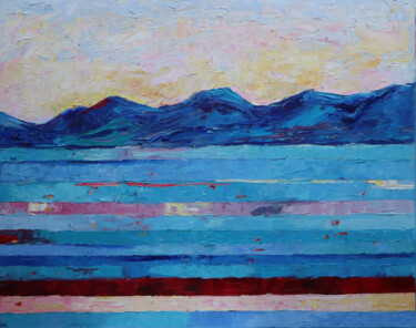 Abstract landscape striped blue montains palette knife Pintura intitulada "Abstract landscape…" por Magdalena Walulik, Obras de arte originais, Óleo