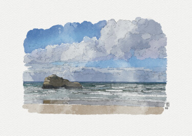 Peinture intitulée "Plage du Miramar à…" par Rachel Loeffler, Œuvre d'art originale, Aquarelle